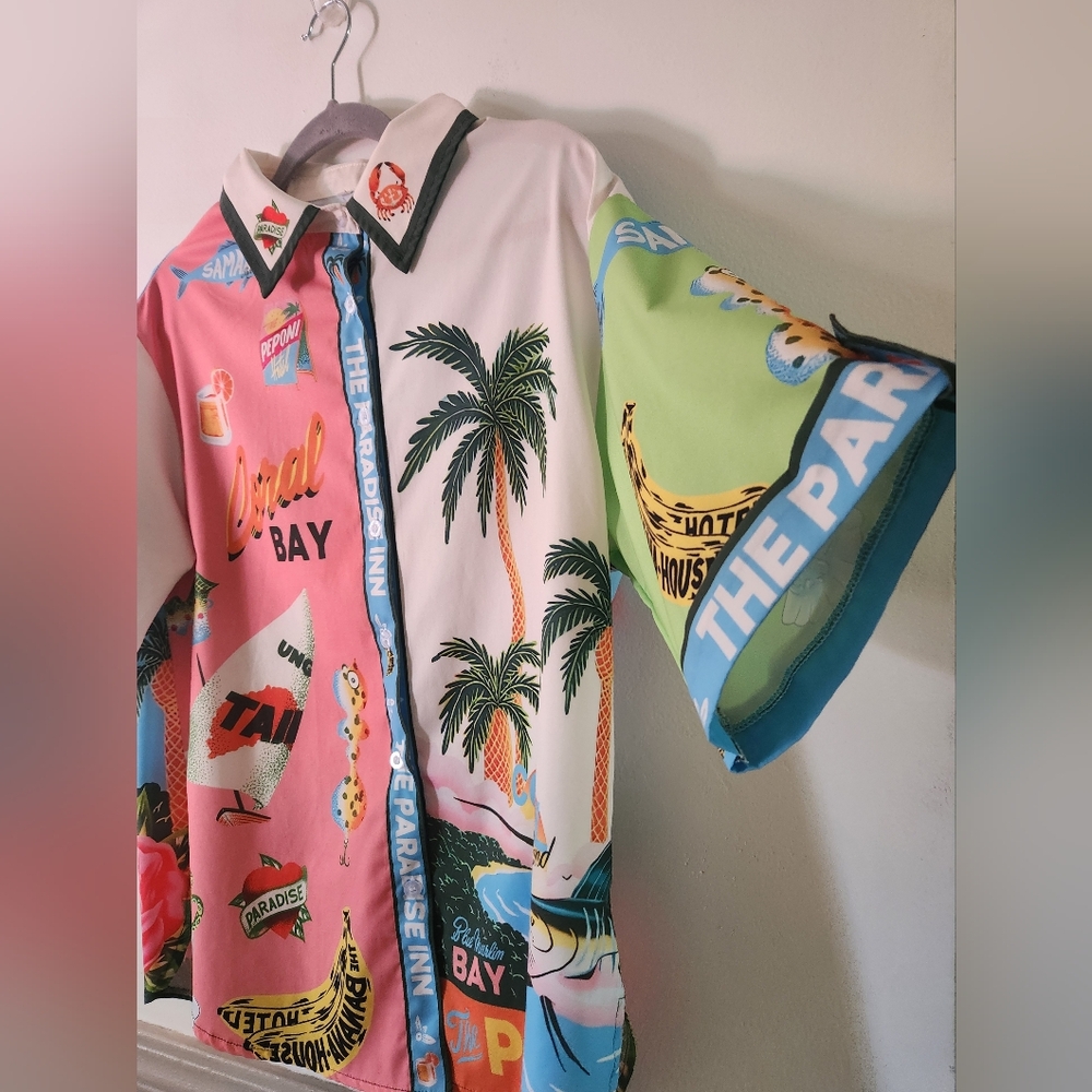 The Paradise Inn Printed Coral Bay Oversized Button Up Shirt And Pants - Picture 2 of 8